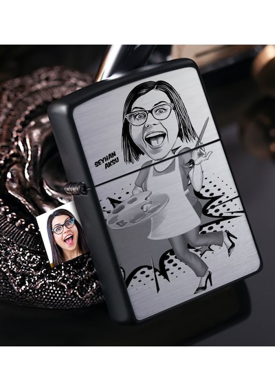 Kişiye Özel Bayan Ressam Karikatürlü Benzinli Siyah Metal Çakmak
