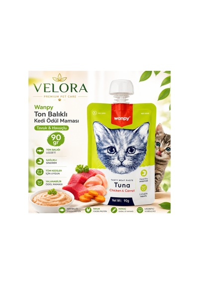 Velora Wanpy Ton Balıklı Tavuklu Ve Havuçlu Kedi Ödül Maması 90 Gr Yalanabilir Krem Ödül - 885814252