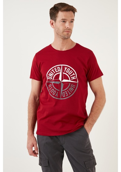 Buratti Baskılı Bisiklet Yaka Pamuklu Slim Fit Erkek T Shirt 541Pusula Kırmızı