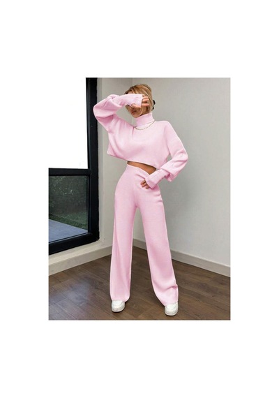 De Pose Pembe Parmak Geçmeli Crop Yüksek Bel Triko Takım