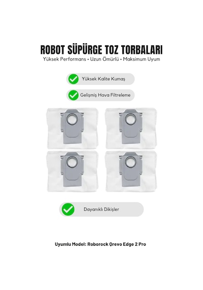 Roborock Qrevo Edge 2 Pro İle Uyumlu 4'lü Toz Torbası 18.0