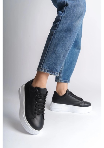 Mevese Sofia Bağcıklı Rahat Taban Kadın Casual Sneaker Ayakkabı - Siyah Beyaz