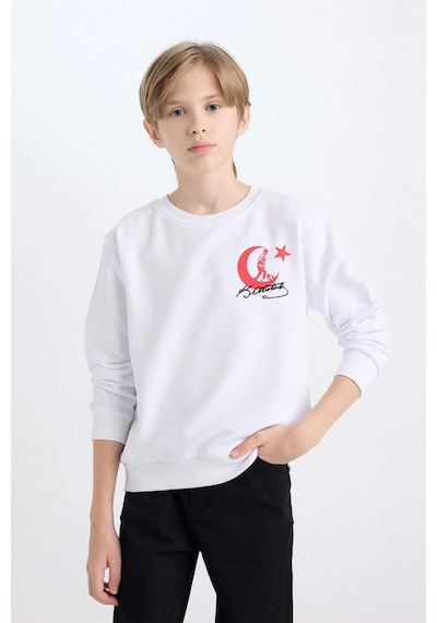 DeFacto Erkek Çocuk Beyaz Bisiklet Yaka Atatürk Baskılı Nakışlı Sweatshirt D8200A824WNWT34