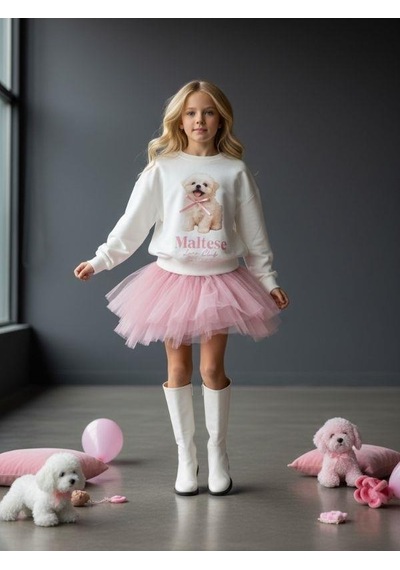 Kız Çocuk Pamuklu Köpek Baskılı Oversize Tasarım Sweatshirt-16472 Ekru