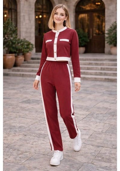 Şerit Detaylı Düğmeli Üst Pantolon 2 Li Kadın Takım Spor Şık Bordo