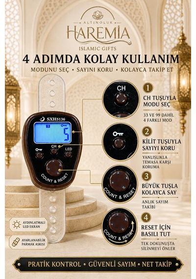 Kilit Özellikli Ledli Zikirmatik 4 Modlu Dijital Zikirmatik Işıklı Sayaç Tesbih Kahverengi Sarı