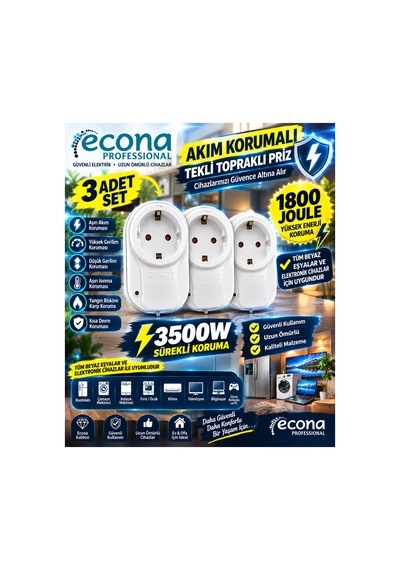 3 Adet ---3500w Akım Korumalı Tekli Topraklı Priz 3'lü Eko Set - 1800 Joule Yüksek Gerilim & Aşırı Akım Korumalı Paketi 0