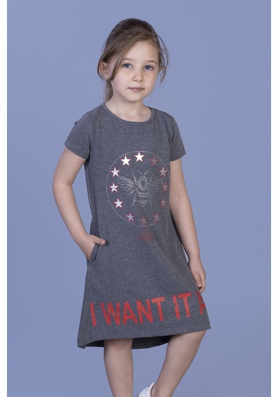 Toontoy Kız Çocuk I Want It All Baskılı Elbise Antrasit Melanj