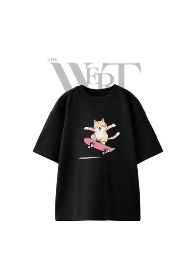 Thewert Cat Skateboard Tasarım Baskılı Ünisex Siyah Oversize T-shirt