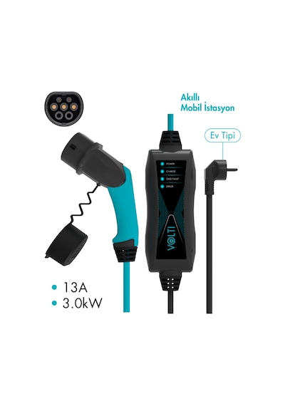 Volti GO Tip-2 3.0 kW 13A 230V AC Spiral Kablo Portatif Elektrikli Araç Şarj Kablosu 6 M