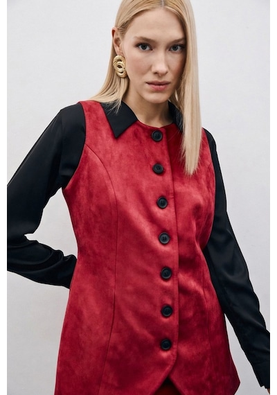 Sateen Düğmeli Uzun Süet Yelek - Bordo-135506 Bordo
