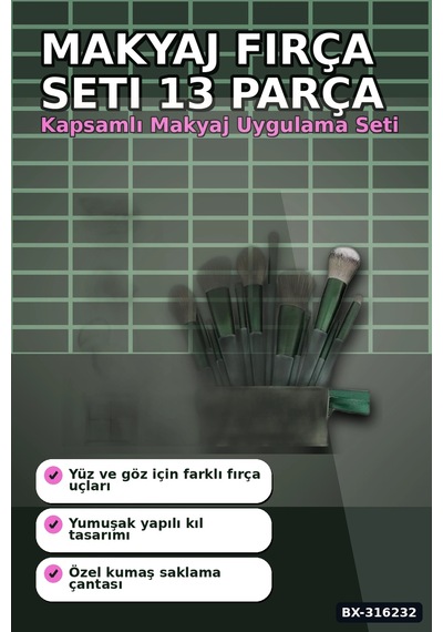 Makyaj Fırça Seti 13 Parça Yumuşak Kıllı Far Ve Yüz Uygulama Çantalı Set Bx-316232