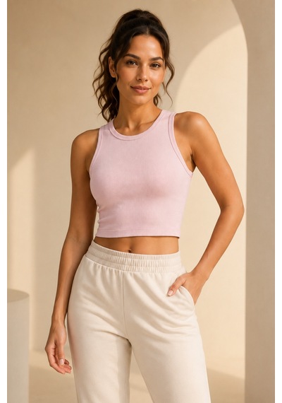 Loule Kadın 2'li Bisiklet Yaka Kolsuz Fitilli Crop Top Pudra-beyaz Çok Renkli