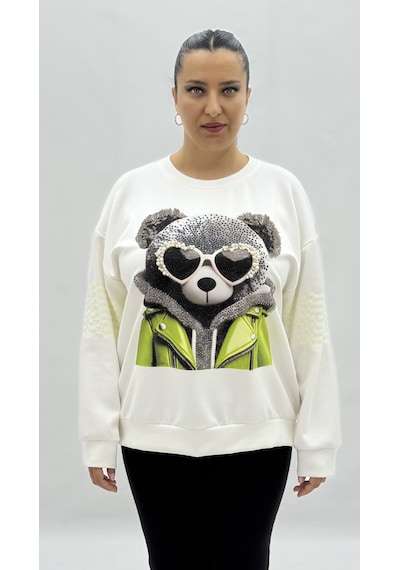 Büyük Beden Ayıcık Grafikli Taşlı İnci Detaylı Uzun Kollu Oversize Kadın Sweat Beyaz