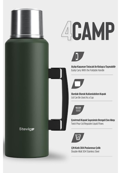 4 Camp Klasik Vakumlu Kulplu Çelik Termos 1.5 Lt. Green St-206 Yeşil