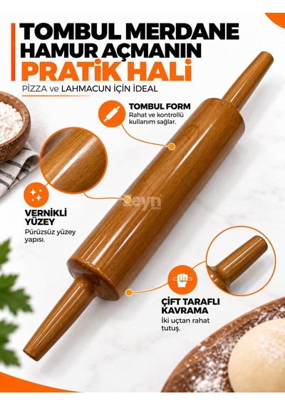 Vernikli Tombul Ahşap Merdane Pizza, Lahmacun Ve Hamur Açma Merdanesi