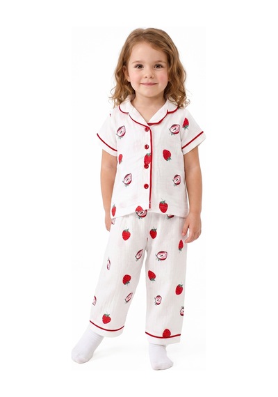 Bebegen Kız Bebek Beyaz Kırmızı Çilek Baskılı Müslin Pijama Takımı Çok Renkli