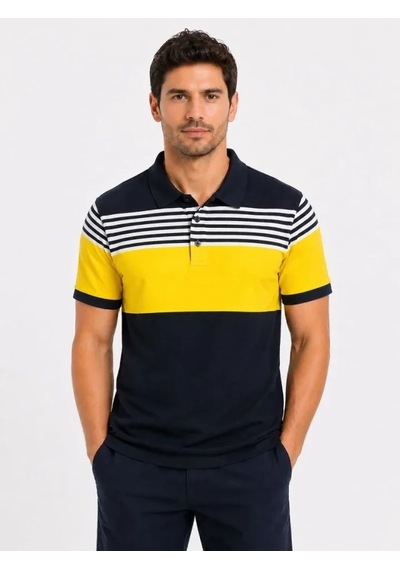 Defymoda Erkek Pike Kumaş Çizgili Polo Yaka Tişört Kısa Kol Yazlık T-shirt - Lacivert