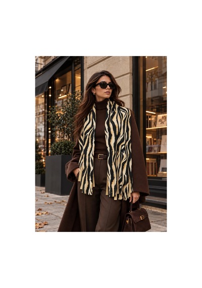 Tarzını Seç Siyah Bej Zebra Desenli Püsküllü Yumoş Polar Kışlık Şal Atkı 70 X 180 Cm