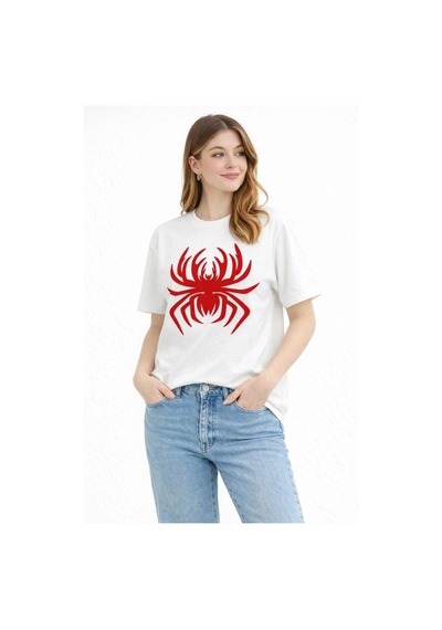 Wear Vexel Kadın Örümcek Baskılı Tişört Kısa Kollu Bisiklet Yaka T-shirt - Beyaz Beyaz