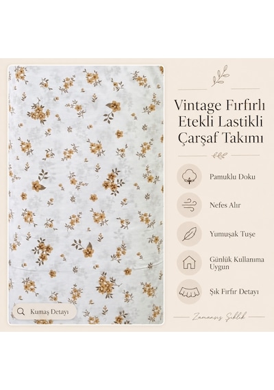 Kır Çiçekleri Bej Vintage Pastel Çiçek Desenli %100 Pamuk Fırfırlı Etekli Lastikli Çarşaf Takımı Çok Renkli