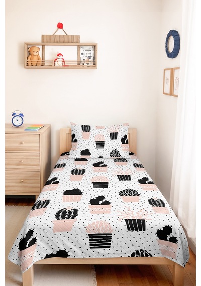 Kaktüs Pudra Genç Odası Tek Kişilik Pike Takımı - Minimal Siyah 160x220 Cm Kapitone Yatak Örtüsü Kabuğu Adaçayı Kokusu