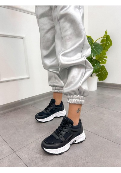 Erva'nın Butiği Siyah Cilt Leo Leopar Detaylı Kadın Bağcıklı Sneakers-5199