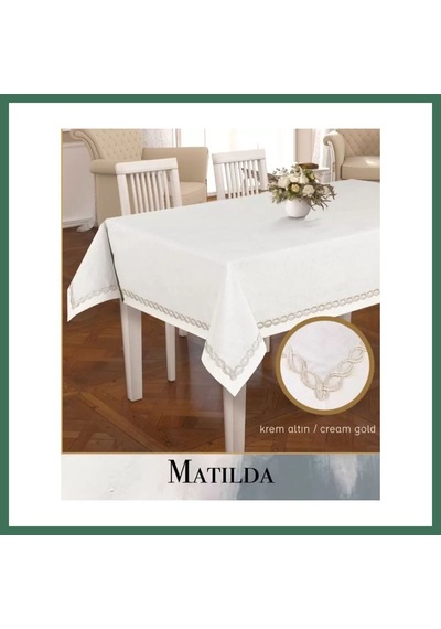 En-cag Keten Masa Örtüsü Tablecloth 155x220 Cm Yemek Masası Örtüsü Matilda Model Krem-altın Bss