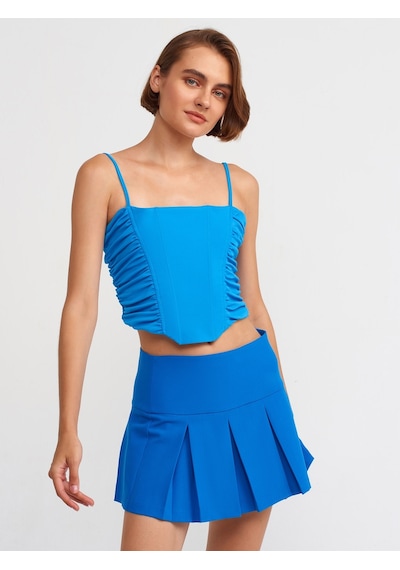 Dilvin Büzgülü Detaylı Askılı Crop Top  Mavi