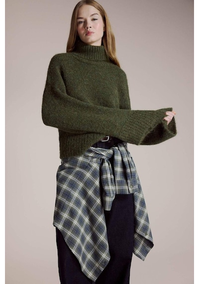 Defacto Yün Karışımlı Balıkçı Yaka Oversize Fit Triko Kazak F3252ax25wnkh461 Haki-kh461
