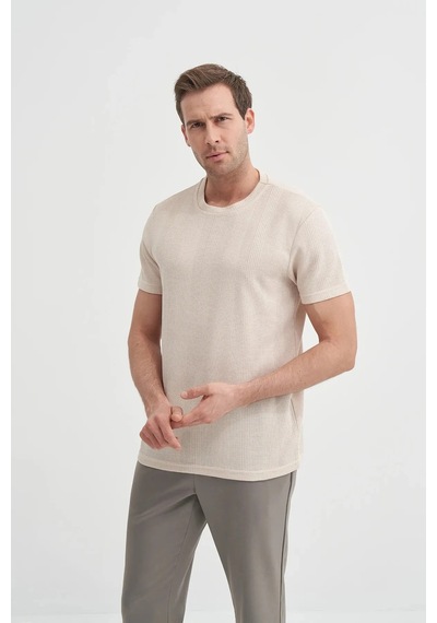 Cazador Slim Fit Bisiklet Yaka Örme Düz Tişört Bej