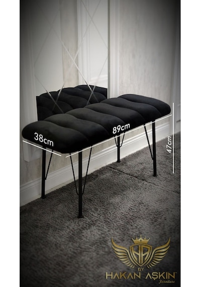 By Hakan Aşkın Metal Ayaklı 38x90 Cm Eco Black Babyface Puf & Bench Tekli Baby Face Kumaş Siyah
