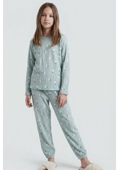Breeze Kız Çocuk Pijama Takımı Papatya Desenli 9-12 Yaş, Su Yeşili Su Yeşili