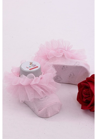 Burçak Çorap Soft Yıkamalı Kız Bebek Çorabı - Tül Ve Güpür Detaylı Pamuklu Model 4'lü Pembe