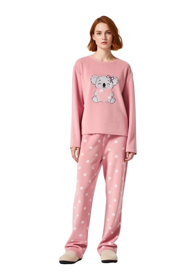 Ersefa Kız Çocuk Puantiyeli Polar Pijama Sevimli Koala Baskılı Fonksiyon Gül kurusu