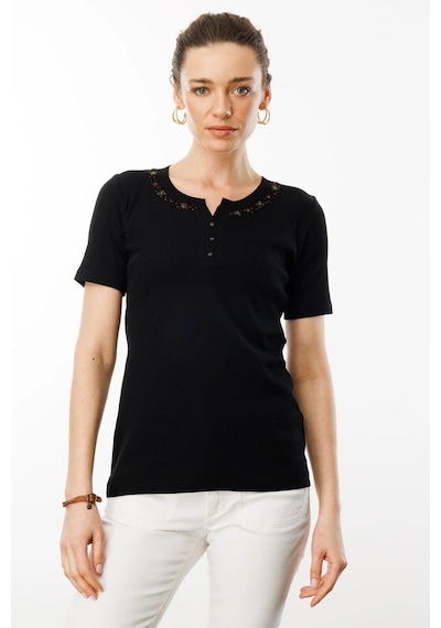 Desen Triko Kadın Açma Yaka Boncuk İşlemeli T-shirt 24754 Siyah Siyah