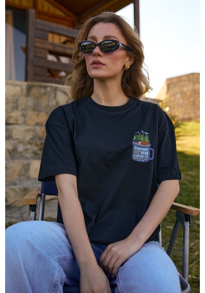 Velvoria Unisex Oversize Siyah Sometimes Bear T-shirt