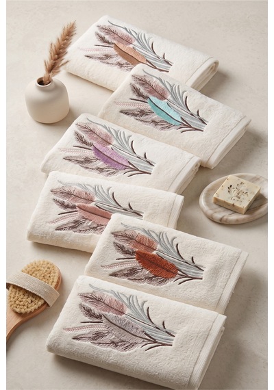 3d Nakışlı Kadife 6'lı 50x90 El, Yüz & Baş Havlu Seti - Çeyizlik Havlu Seti, 1200gr, Premium, Yumuşak, Emici Ve Dayanıklı Krem