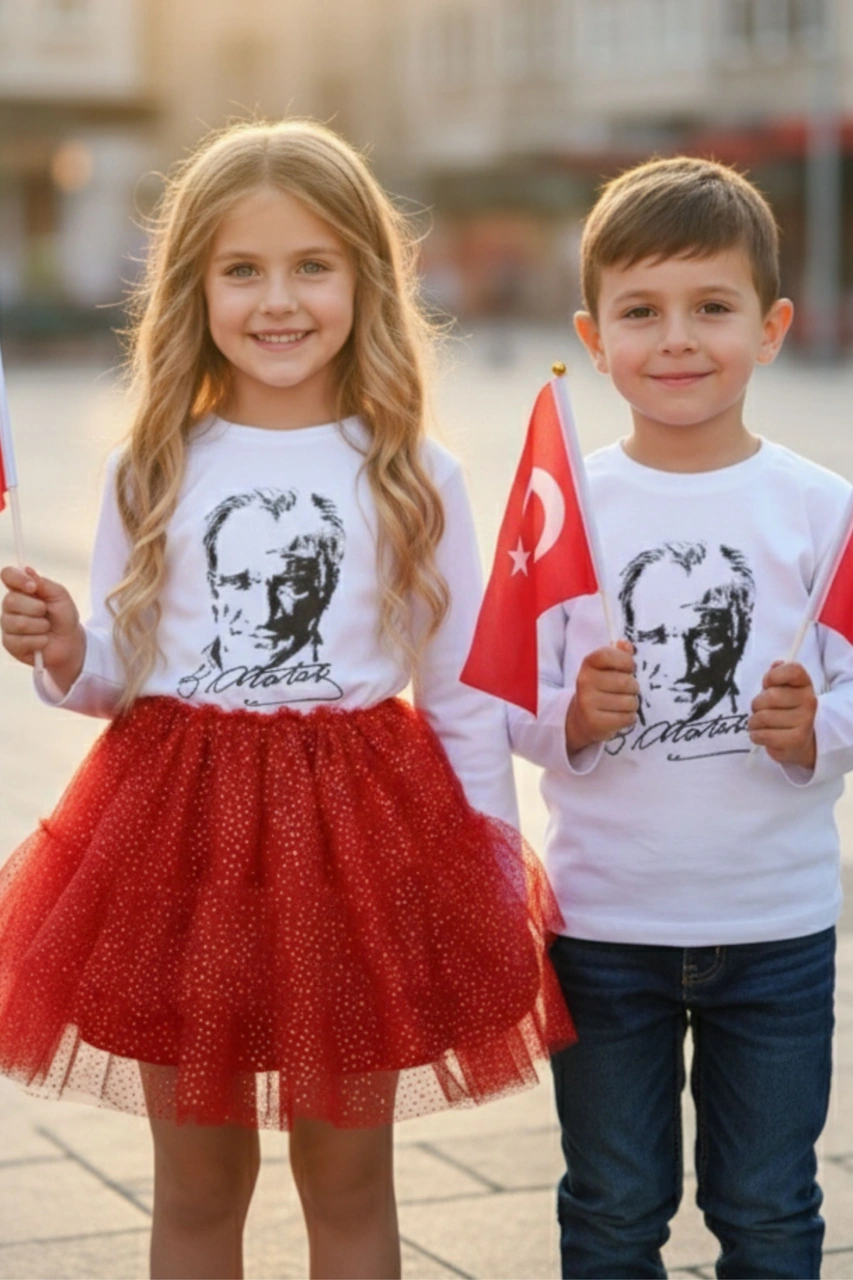 Unisex Atatürk Baskılı Uzun Kollu Beyaz Tişört 29 Ekim Cumhuriyet Bayramı Gösteri Çocuk Tişört Beyaz