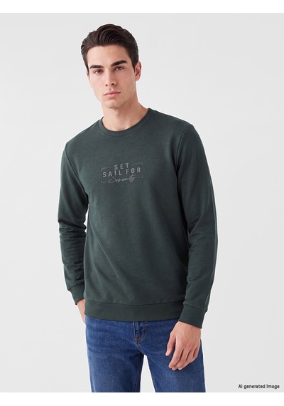 Lcwaıkıkı Classic Haki Bisiklet Yaka Baskılı Erkek Sweatshirt