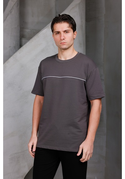 Erkek Garnili Şeritli Oversize Bisiklet Yaka 2 İki İplik Kompakt T-shirt Kahverengi