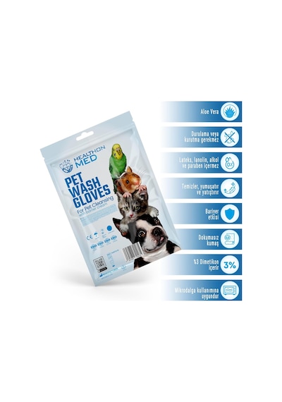 Healthon Med Evcil Hayvan Temizleme Mendil Kesesi Kedi, Köpek Ve Diğer Hayvanlar İçin, Aloe Vera & Bariyer Kreml