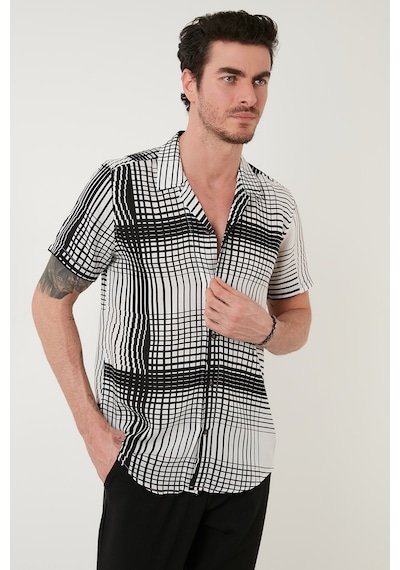 Buratti Regular Fit Kısa Kollu Apaş Yaka Desenli Erkek Gömlek Cf21S114293 Ekru-Siyah