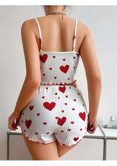 Atyticaret Kadın Pamuklu Beyaz Üstüne Kırmızı Desenli Askılı Şortlu Pijama Takımı