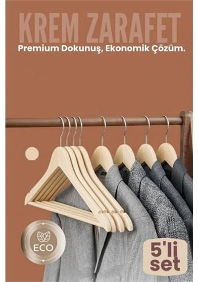 Znv Zenvia Mey İthalat 5'li Lüks Krem Elbise Ceket Askısı - Ergonomik & Kaymaz Plastik Askı Seti - Ahşap Görü Renkli