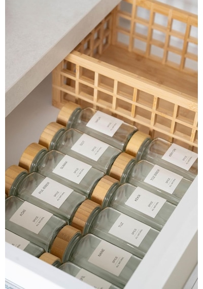 12'li Bambu Ve Akasya Kapaklı Cam Baharatlık Seti 120 Ml - Doğal Ahşap Kapaklı, Şeffaf Cam, Sağ Bambu Kapak