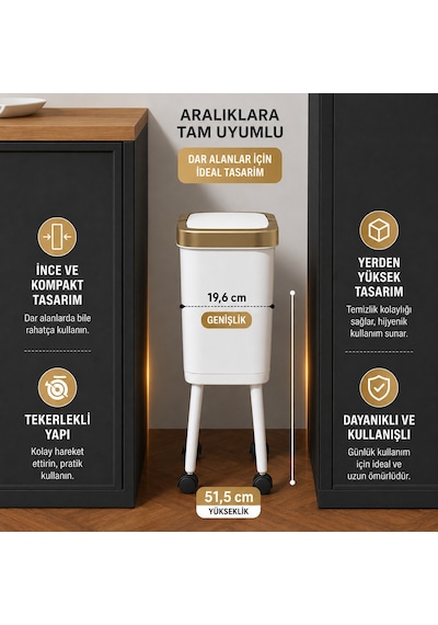 15 Litre Ayaklı Çöp Kovası Kapaklı Tekerlekli Mutfak Banyo Ofis Çöp Kutusu Tg3451