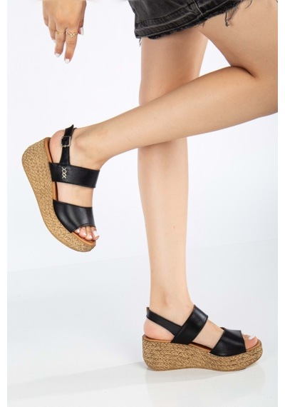 Analin Shoes Kadın Hakiki Deri Bantlı Dolgu Topuk Sandalet Siyah