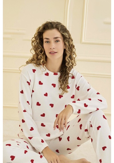 Remsa Kadın Waffle Kumaş Kalp Desen Pijama Takımı 70910 Ekru Ekru