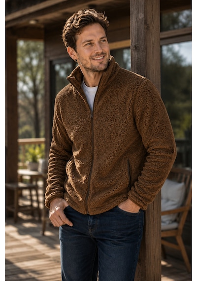 Luxıc Core Erkek Peluş Mont Slim Fit Dik Yaka Fermuarlı Cepli Günlük Spor Ceket Kahverengi